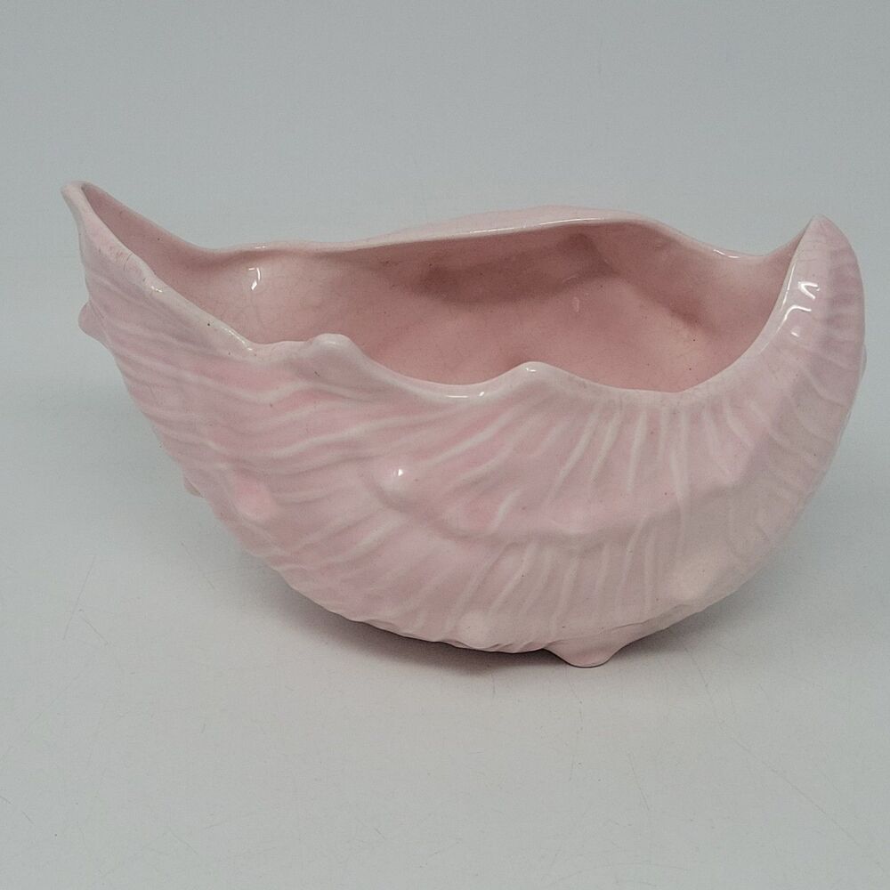 Vintage Pink Ceramic Conch Shell Planter Vase Nautical Seashell Design 8" Signed